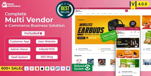 Ready ecommerce v4.0 - 完整的多供应商电子商务移动应用程序,带有商店 POS 的客户网站
